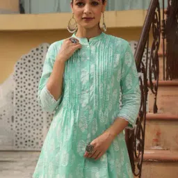 Juniper Mint Ethnic Motif Printed Pure Cotton A-Line Tunic With Lace Work-image-29
