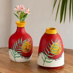 ExclusiveLane Red & White Terracotta Leafy Warli Tales Hand Painted Vase - Set of 2-2
