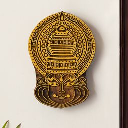 ExclusiveLane Yellow & Brown Kathakali Maquillage Hand Carved Block Wooden Wall Hanging-56
