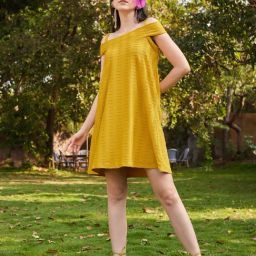 PURVAJA Mustard Knitted Relaxed Fit A Line Dress-15