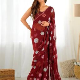 Saree Mall Maroon Embellished Sarees With Unstitched Blouse-image-37