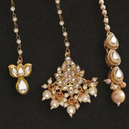 OOMPH Gold Tone Kundan & Pearls Floral Wedding Delicate Maang Tikka Pack of 3-image-82