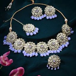 Zaveri Pearls Purple Bead Drop Dazzling Kundan Choker Necklace Earring Maangtikka Ring Set-ZPFK16014-image-27