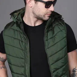 WROGN Men Olive Green Detachable Hood Padded Jacket-29