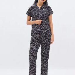 Clovia Black Cotton Floral Lapel Night Suits-image-5