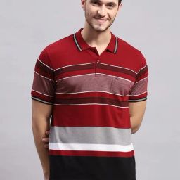 Monte Carlo Maroon Regular Fit Striped Polo T-Shirt-image-32