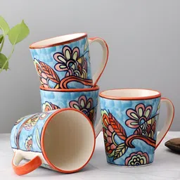 VarEesha Blue & Red 4 Pieces Floral Printed Ceramic Glossy Mugs 250ml-17