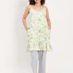 Clovia Green & Grey Cotton Printed Night Dress Pyjamas Set-image-9