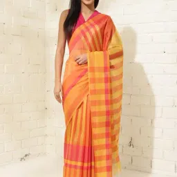 Fabindia Yellow & Pink Striped Saree-image-1