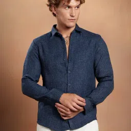 Campus Sutra Indigo Blue Grid-Weave Regular Shirt-picture-24