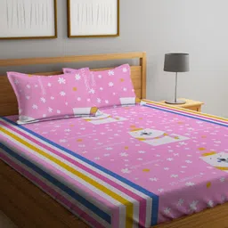 Myntra Elegant Homes Pink & White Cartoon Characters 400 TC King Bedsheet with 2 Pillow Covers-image-12