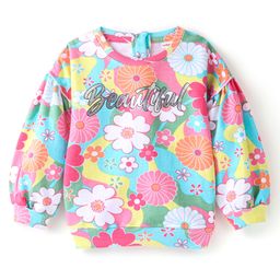 Babyhug Cotton Knit Balloon Sleeves Sweatshirt With Floral Print & Frill Detailing - Multicolour-image-113