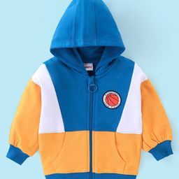 Babyhug Cotton Knit Full Sleeves Cut & Sew Sweatjacket with Zipper & Hood Detailing Basketball Badge - Blue & Yellow-image-14