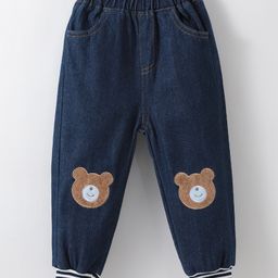 Kookie Kids Cotton Full Length Jeans with Bear Embroidery - Blue-image-90