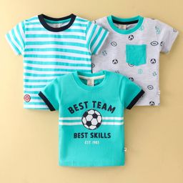 Mini Donuts Cotton Knit Half Sleeves T-Shirt Stripes & Soccer Ball Print Pack Of 3 - White & Blue-image-3