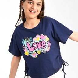 Pine Kids Cotton Knit Half SleevesTop with Knot DetailingText Print - Navy-picture-28