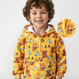 Babyhug Cotton Knit Full Sleeves Hooded Sweatjacket With Hood & Teddy Print - Yellow-picture-25