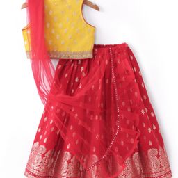 Babyhug Sleeveless  Brocade Choli Lehenga & Dupatta Set - Yellow & Red-picture-13