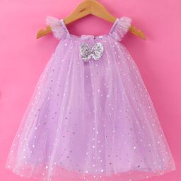 Babyhug Woven Frill Sleeves Foil Printed A  Line Party Frock with Bow Applique - Lilac-image-5