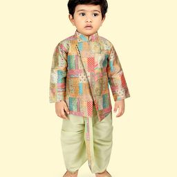 ETHNIKS NEURON Chanderi Silk Full Sleeves Ethnic Motif Printed Kurta With Dhoti - Pista Green-image-1