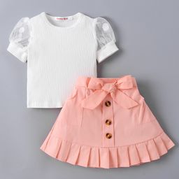 Kookie Kids Puffed Sleeves Solid Top and Frill Skirt Set - White & Coral-33