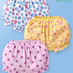 Babyoye Cotton Elastane Knit Bloomers With Floral Star & Polka Dots Print Pack Of 3 - Pink Yellow & White-image-98