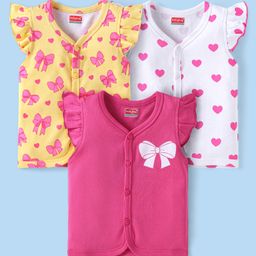 Babyhug Interlock Knit Frill Sleeves Front Open Vests With Heart & Bow Print Pack of 3 - Dark Pink White & Yellow-image-105