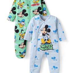 Babyhug Disney Interlock Knit Full Sleeves Footed Sleep Suits With Mickey Mouse Graphics Pack Of 2 - Blue & Green-picture-28