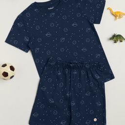 Milou Cotton Half Sleeves Bio Washed Space Theme Printed Coordinating Tee & Shorts Set - Navy Blue-image-51