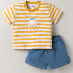 ToffyHouse Cotton Woven Half Sleeves Striped T-Shirt & Shorts Set with Patch Detailing - Blue & Lemon-image-46