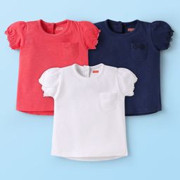 Babyhug Cotton Knit Half Puffed Sleeves Solid Color T-Shirts Pack of 3 - Red Navy Blue & White-image-74
