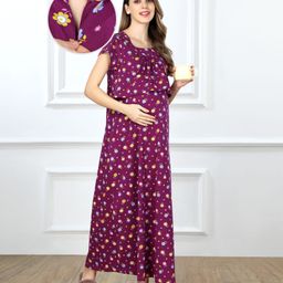 Bella Mama Cotton Knit Half Sleeves Concealed Zipper Floral Print Nighty - Purple-picture-39