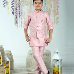 Ahhaaaa Brocade Full Sleeves Solid Kurta Trousers With Threadwork Embroidered & Sequins Embellished Jacket Set - Pink-image-59