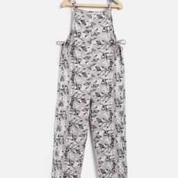 Tales & Stories Rayon Sleeveless Leaves Printed Dungaree - Beige-image-54