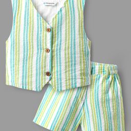 Ollington St. Cotton Woven Yarn Dyed Co-Ord Set Of Sleeveless Stripes Top & Shorts - Mint-picture-31