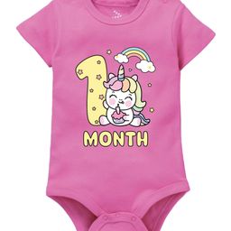 Zeezeezoo 100% Cotton Monthly Birthday Theme Half Sleeves 1 Month Text & Baby Unicorn Printed Onesie - Pink-image-63
