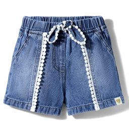 Little Kangaroos Denim Woven Knee Length Washed Shorts With Lace Detailing & Bow - Navy Blue-image-98