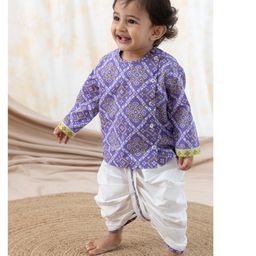 Tiber Taber 100% Cotton Full Sleeves Bandhani Designed Kurta & Dhoti Set - Purple-picture-15