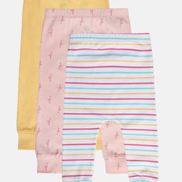MINI KLUB Cotton Pack Of 3 Flamingos Printed & Striped Leggings - Yellow Pink & White-image-90