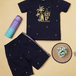 RAINE AND JAINE Cotton Knit Half Sleeves Palm Trees Printed Coordinating Night Suit Set - Navy Blue-image-39