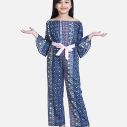 StyleStone Woven Off Shoulder Bell Sleeves Floral Printed Jumpsuit - Blue-picture-12