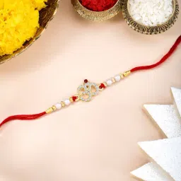Peora Golden Crystals Studded Om Thread Rakhi for Brother Bhaiya with Roli Chawal Greeting Card-image-96