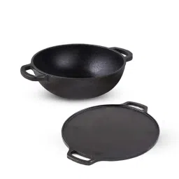 The Indus Valley Black Cast Iron 25.4 cm Deep Frying Kadhai With Double Handle (2 L) image 1