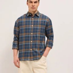 The Bear House Blue Relaxed Fit Checks Shirt-image-96