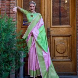 Vardha Green & Pink Woven Saree With Unstitched Blouse-picture-32