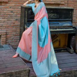 Vardha Peach & Blue Woven Saree With Unstitched Blouse-picture-39
