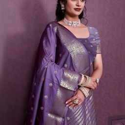 CaniBani Women Purple Silk Blend Woven Design Zari Banarasi Saree-picture-5