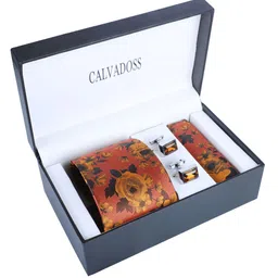 Calvadoss Men Floral Printed Microfiber Tie Pocket Square & Cufflink Accessory Gift Set-image-14