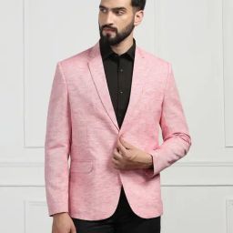TAHVO Pink Melange Regular Fit Notch Lapel Linen Blazer-picture-32