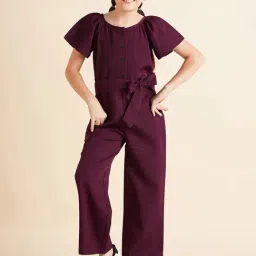 Cherry & Jerry Girls Burgundy Round Neck Full Length Jumpsuit-picture-1